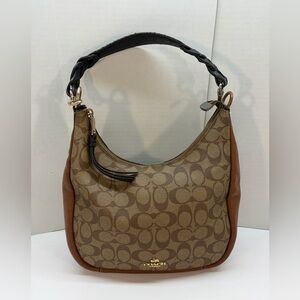COACH Jules Hobo Canvas & Pebble Leather Bag Khaki/Ivory CF350